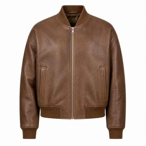 Men's Fog Tea Brown Bomber Leather Jacket, Plain Lithuanian Cut