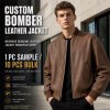 Men's Fog Tea Brown Bomber Leather Jacket, Plain Lithuanian Cut