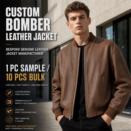 Men's Fog Tea Brown Bomber Leather Jacket, Plain Lithuanian Cut