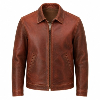 Men's Clay Red Brown Retro Leather Jacket, Plain Romanian Cut