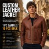 Men's Clay Red Brown Retro Leather Jacket, Plain Romanian Cut