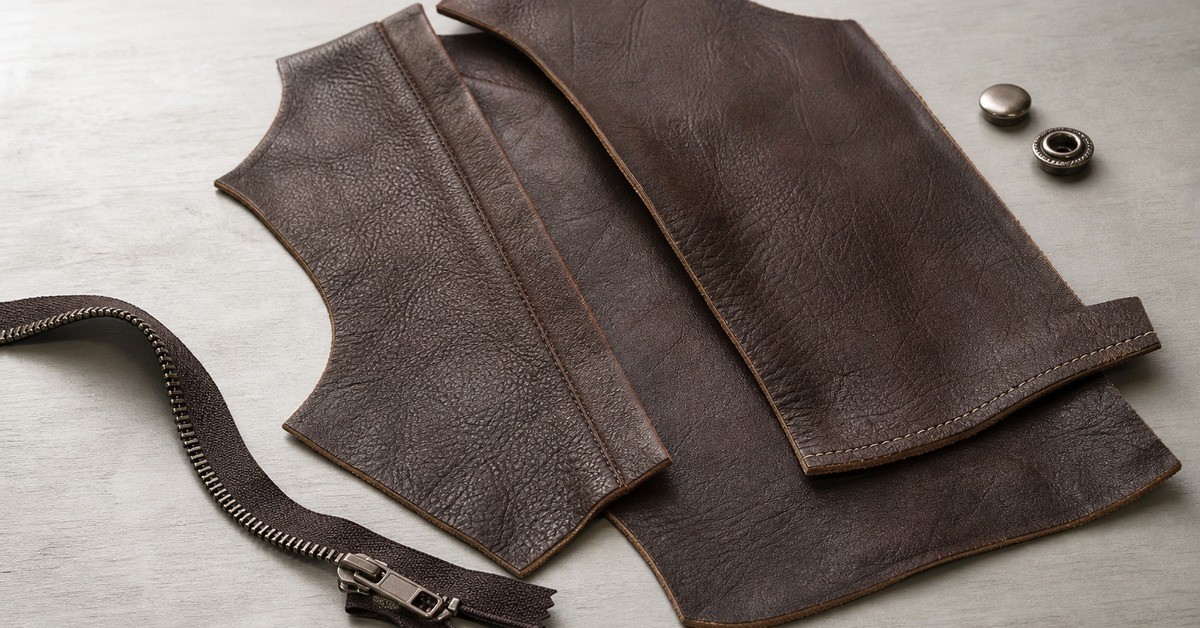 Close-up of dark brown full-grain leather jacket panels laid on a workbench beside a zipper and snap fasteners