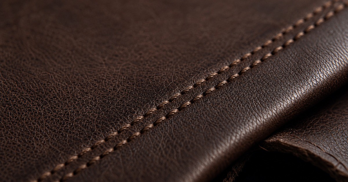 Macro view of even double-row topstitching and natural grain across a finished dark brown leather jacket panel