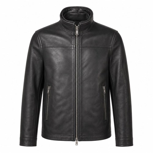 Men's Ink Black Commuter Leather Jacket, Plain Bulgarian Cut