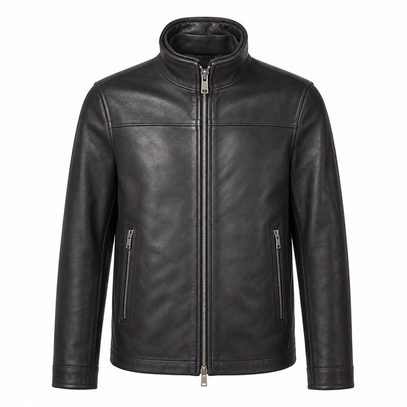 Men's Ink Black Commuter Leather Jacket, Plain Bulgarian Cut