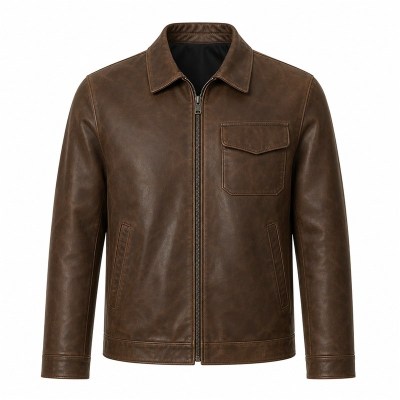 Men's Acorn Brown Outdoor Leather Jacket, Plain Bulgarian Cut