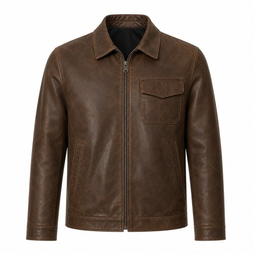 Men's Acorn Brown Outdoor Leather Jacket, Plain Bulgarian Cut