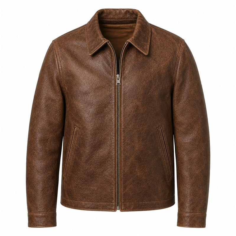 Men's Coastal Walnut Retro Leather Jacket, Plain Croatian Cut