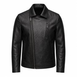 Men's Obsidian Black Urban Biker Leather Jacket, Serbian Cut