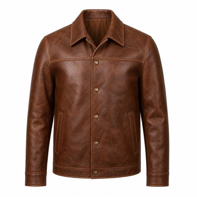 Men's Chestnut Brown Button Leather Jacket, Plain Serbian Cut
