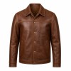 Men's Chestnut Brown Button Leather Jacket, Plain Serbian Cut