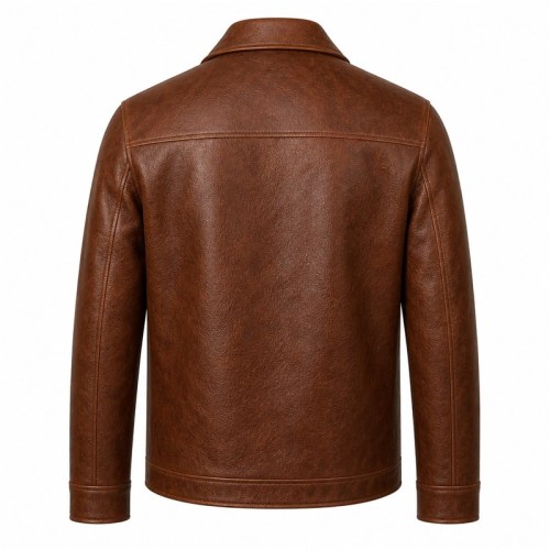 Men's Chestnut Brown Button Leather Jacket, Plain Serbian Cut