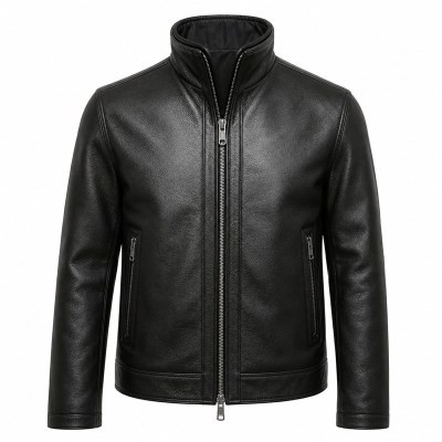 Men's Deep Black Windproof Leather Jacket, Plain Estonian Cut