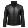 Men's Deep Black Windproof Leather Jacket, Plain Estonian Cut