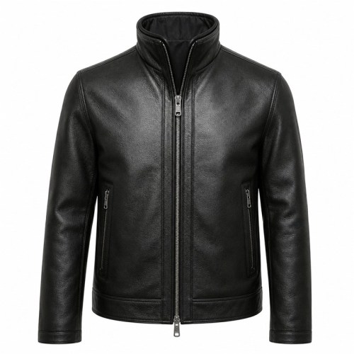 Men's Deep Black Windproof Leather Jacket, Plain Estonian Cut