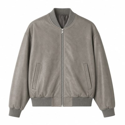 Men's Sandstone Grey Bomber Leather Jacket, Plain Estonian Cut