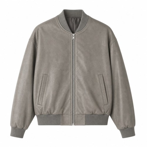 Men's Sandstone Grey Bomber Leather Jacket, Plain Estonian Cut