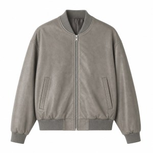 Men's Sandstone Grey Bomber Leather Jacket, Plain Estonian Cut