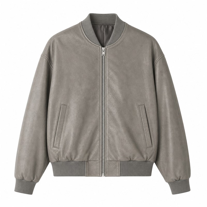 Men's Sandstone Grey Bomber Leather Jacket, Plain Estonian Cut