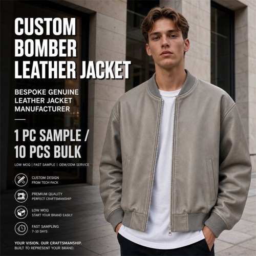 Men's Sandstone Grey Bomber Leather Jacket, Plain Estonian Cut