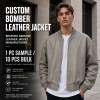 Men's Sandstone Grey Bomber Leather Jacket, Plain Estonian Cut