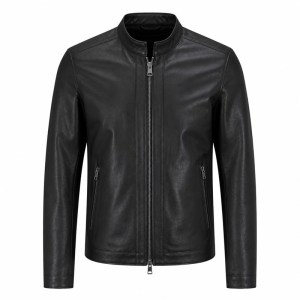 Men's Ink Black Minimalist Racer Leather Jacket, Luxembourg Cut