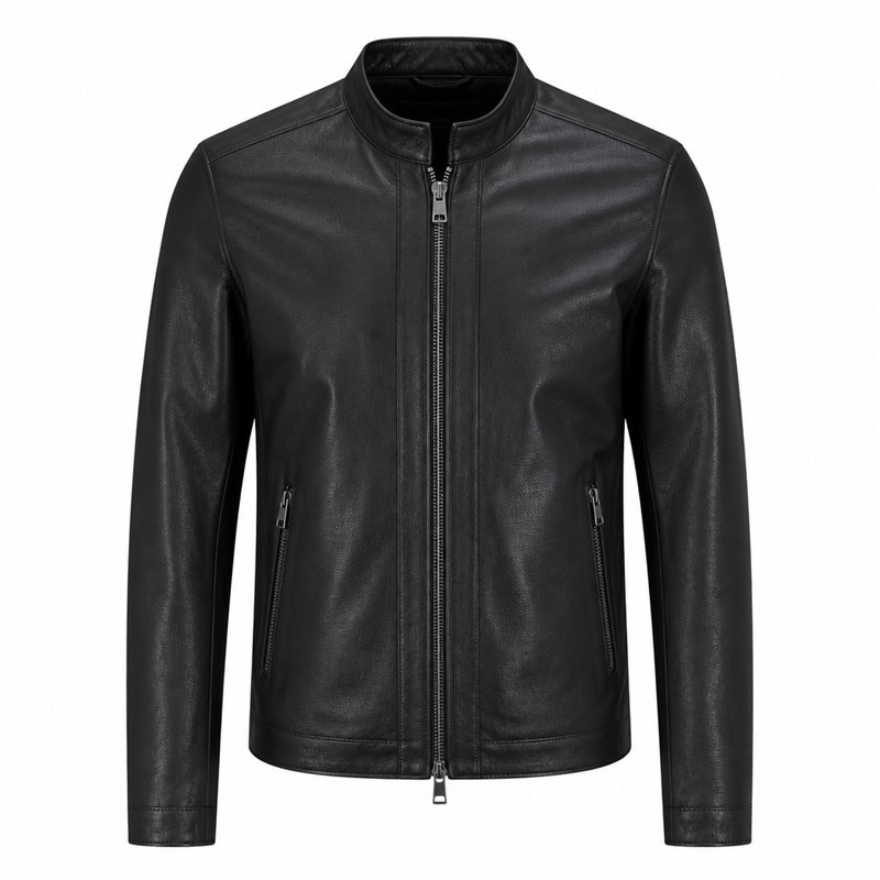 Men's Ink Black Minimalist Racer Leather Jacket, Luxembourg Cut