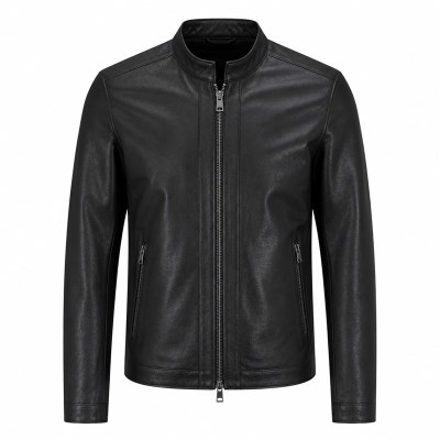 Men's Ink Black Minimalist Racer Leather Jacket, Luxembourg Cut