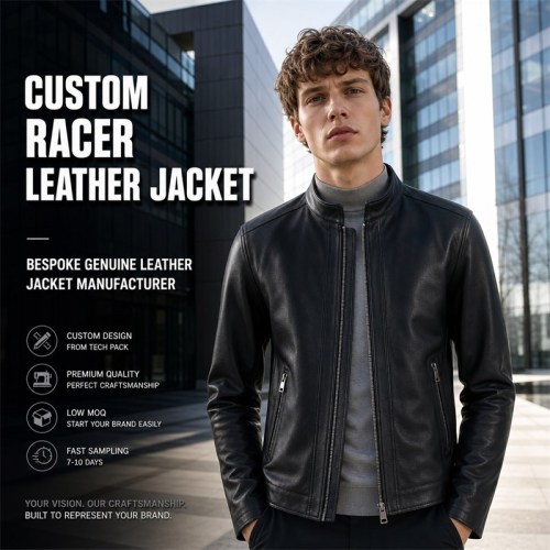 Men's Ink Black Minimalist Racer Leather Jacket, Luxembourg Cut