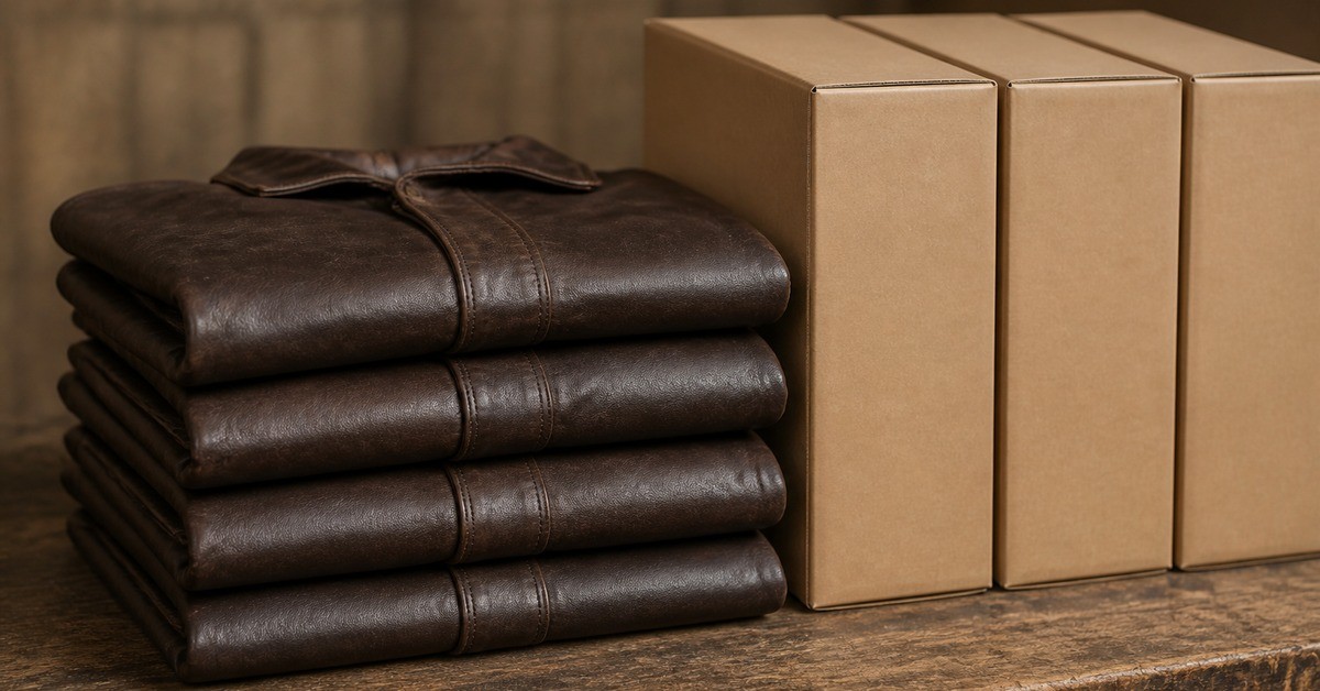 Folded dark brown leather jackets stacked on a packing bench beside export cartons