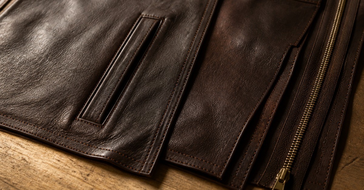 Dark brown leather jacket panels laid flat beside a zipper on a workshop table