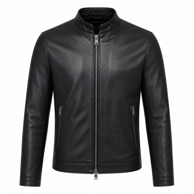 Men's Obsidian Black Lightweight Racer Leather Jacket, Malta Cut