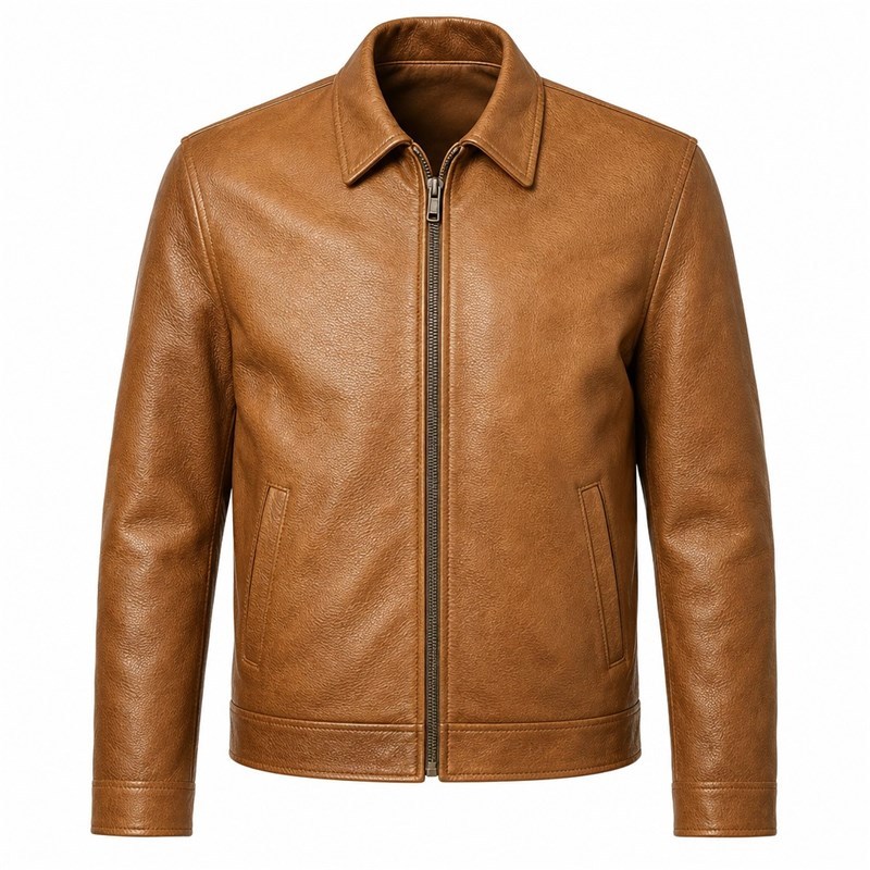 Men's Sand Gold Brown Tumbled Leather Jacket, Plain Malta Cut