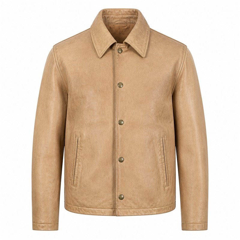 Men's Valley Wheat Beige Button Leather Jacket, Argentinian Cut