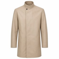 Men's Sand Beige Modest Leather Jacket with Full Coverage, Emirati Cut