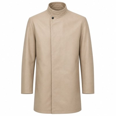 Men's Sand Beige Modest Leather Jacket with Full Coverage, Emirati Cut