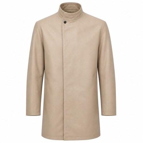 Men's Sand Beige Modest Leather Jacket with Full Coverage, Emirati Cut