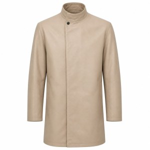 Men's Sand Beige Modest Leather Jacket with Full Coverage, Emirati Cut