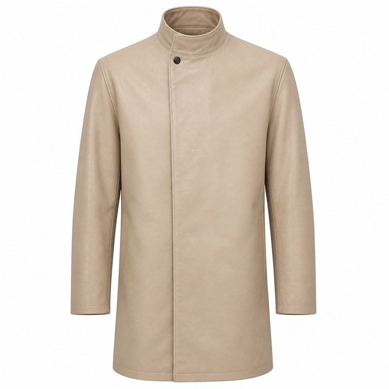Men's Sand Beige Modest Leather Jacket with Full Coverage, Emirati Cut