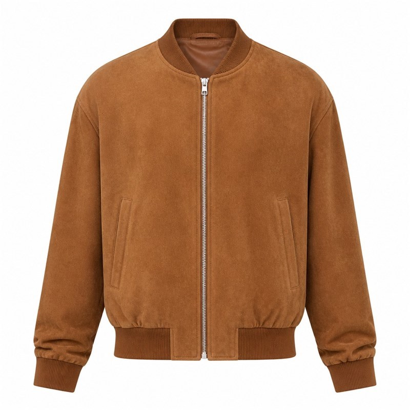 Men's Caramel Brown Bomber Leather Jacket, Plain Emirati Cut