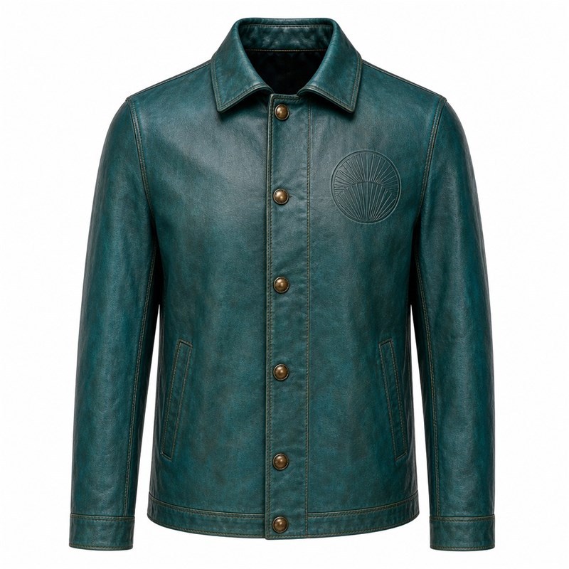 Men's Nile Blue Papyrus Leather Jacket in a Plain Egyptian Cut