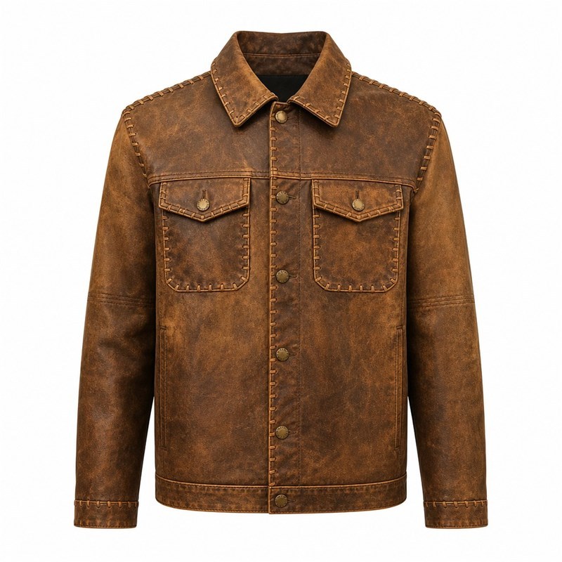 Men's Ochre Workwear Leather Jacket with Clean Lines, Egyptian Cut