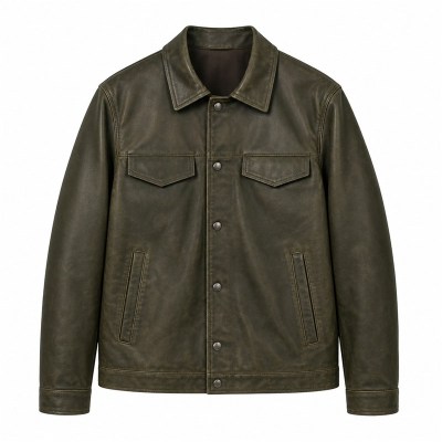Men's Smoky Olive Outdoor Leather Jacket, Plain Australian Cut