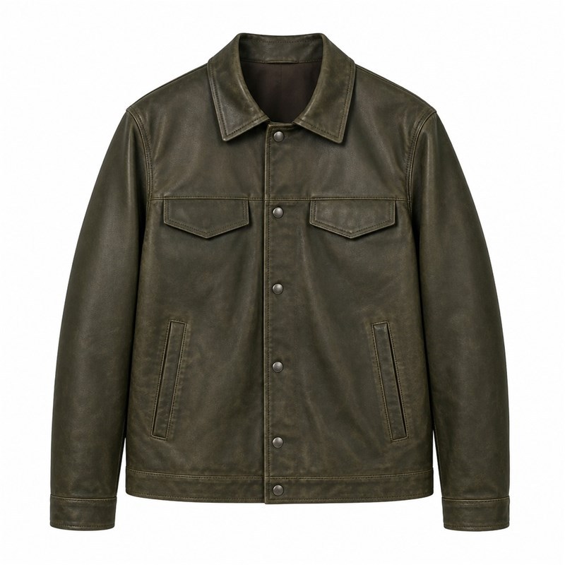 Men's Smoky Olive Outdoor Leather Jacket, Plain Australian Cut