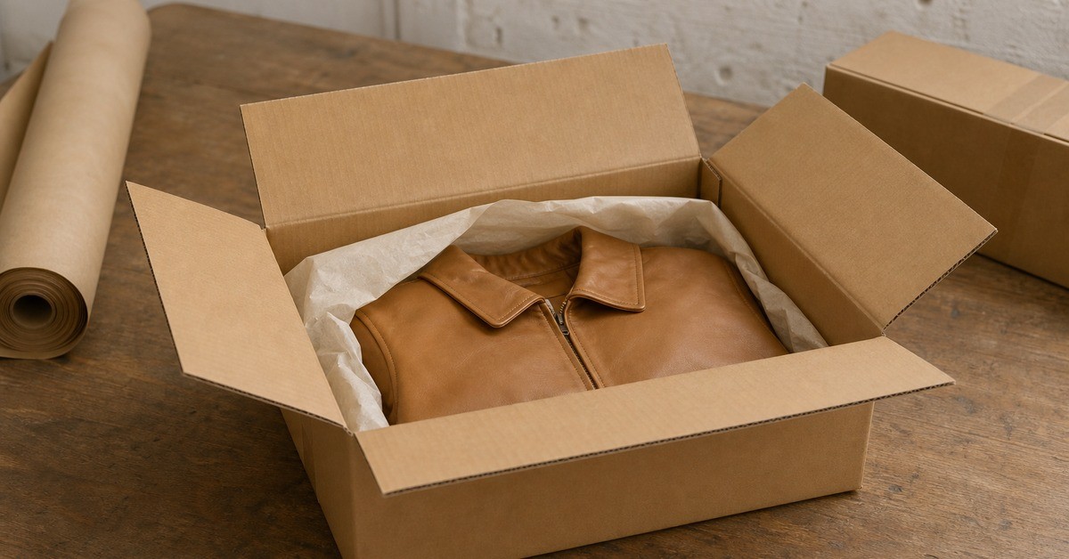 Folded leather jacket wrapped in plain tissue paper inside a brown corrugated carton for a leather jacket packaging article