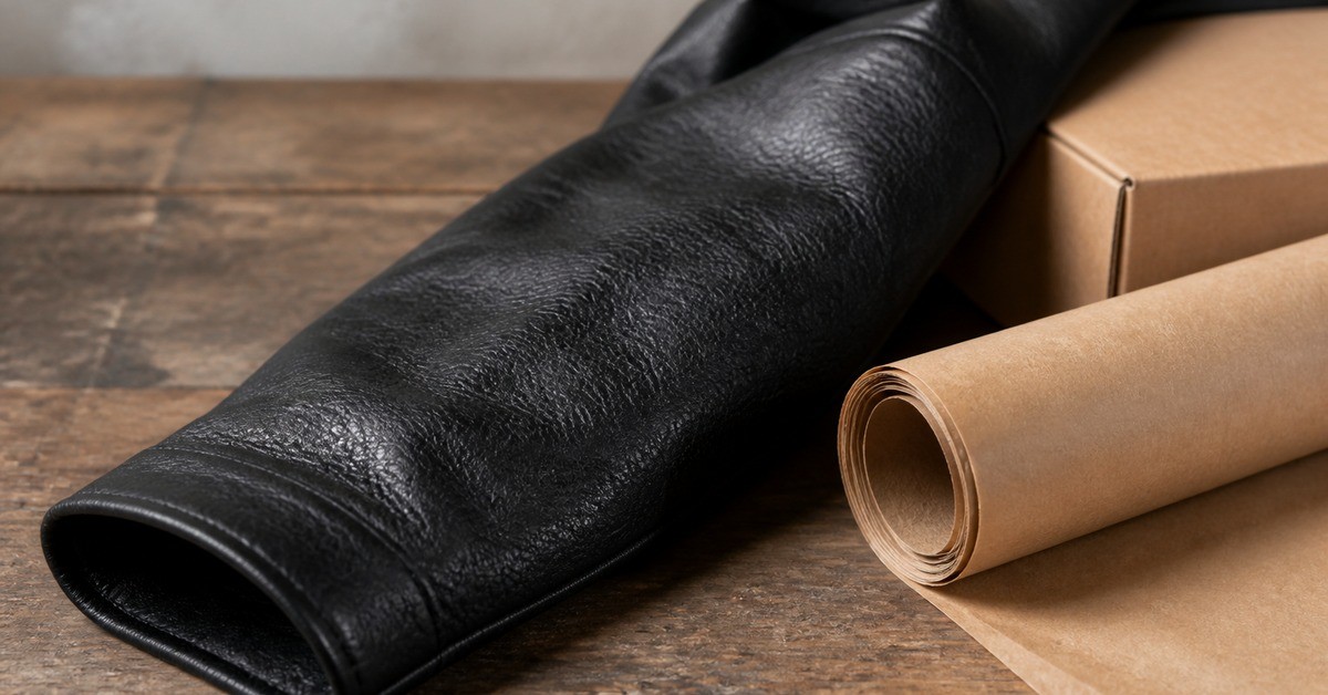 Close-up of a black leather jacket sleeve beside plain kraft paper and a brown export carton for a leather jacket article