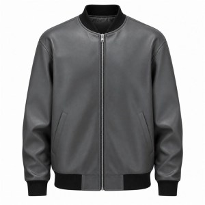 Men's Volcanic Grey Black Ribbed Vegan Leather Varsity Jacket, Australian Cut