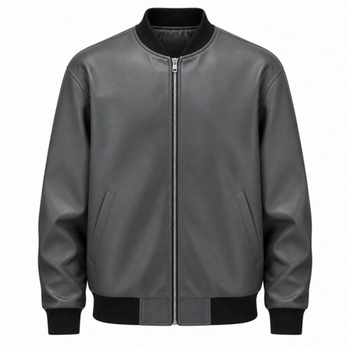 Men's Volcanic Grey Black Ribbed Vegan Leather Varsity Jacket, Australian Cut