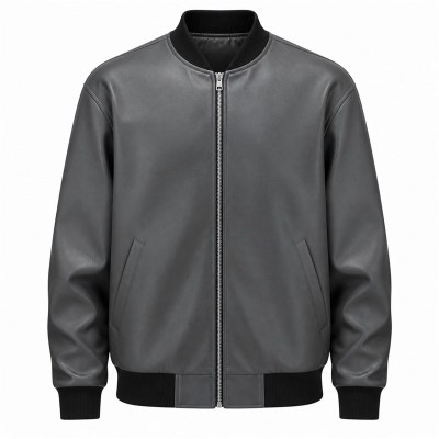 Men's Volcanic Grey Black Ribbed Vegan Leather Varsity Jacket, Australian Cut