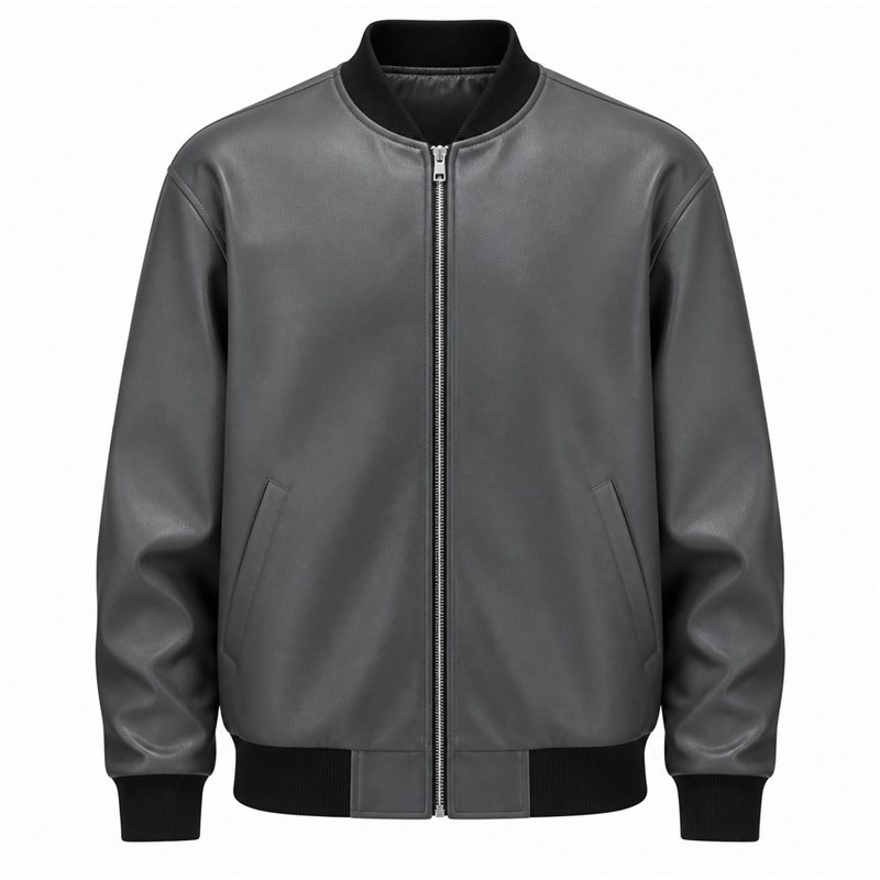 Men's Volcanic Grey Black Ribbed Vegan Leather Varsity Jacket, Australian Cut